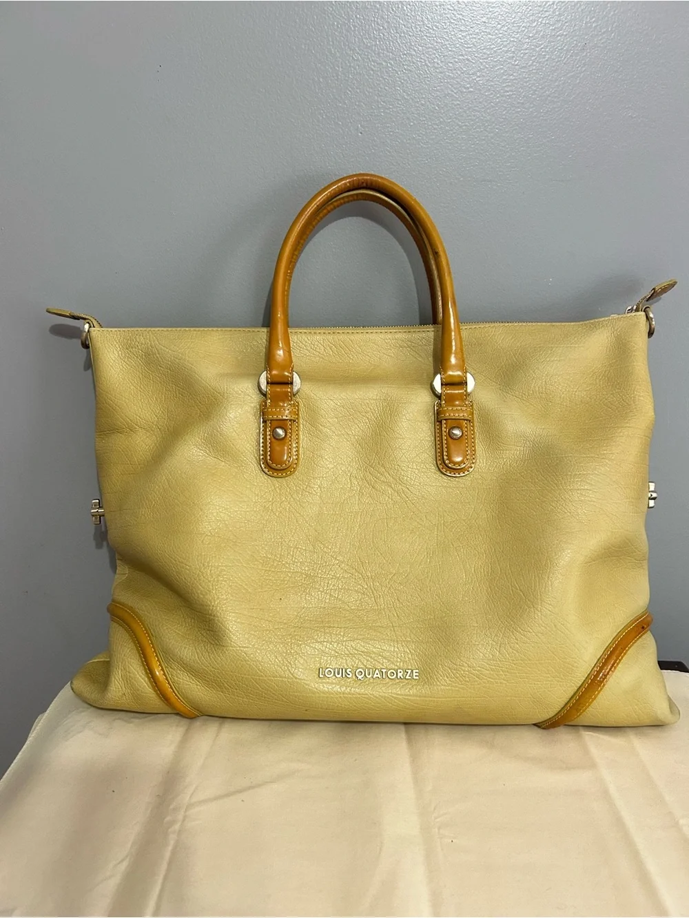Louis Quatorze Satchel Square Grain Leather Designer Bag Pale Yellow Top Handle